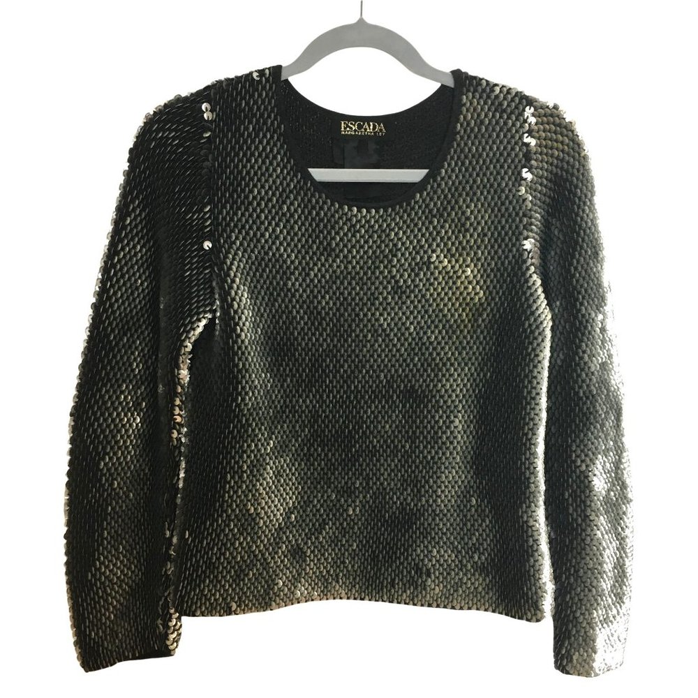 Mermaid Vintage Escada 34  S Sequin Fish Scale Shiny Sweater Wool Cashmere Top